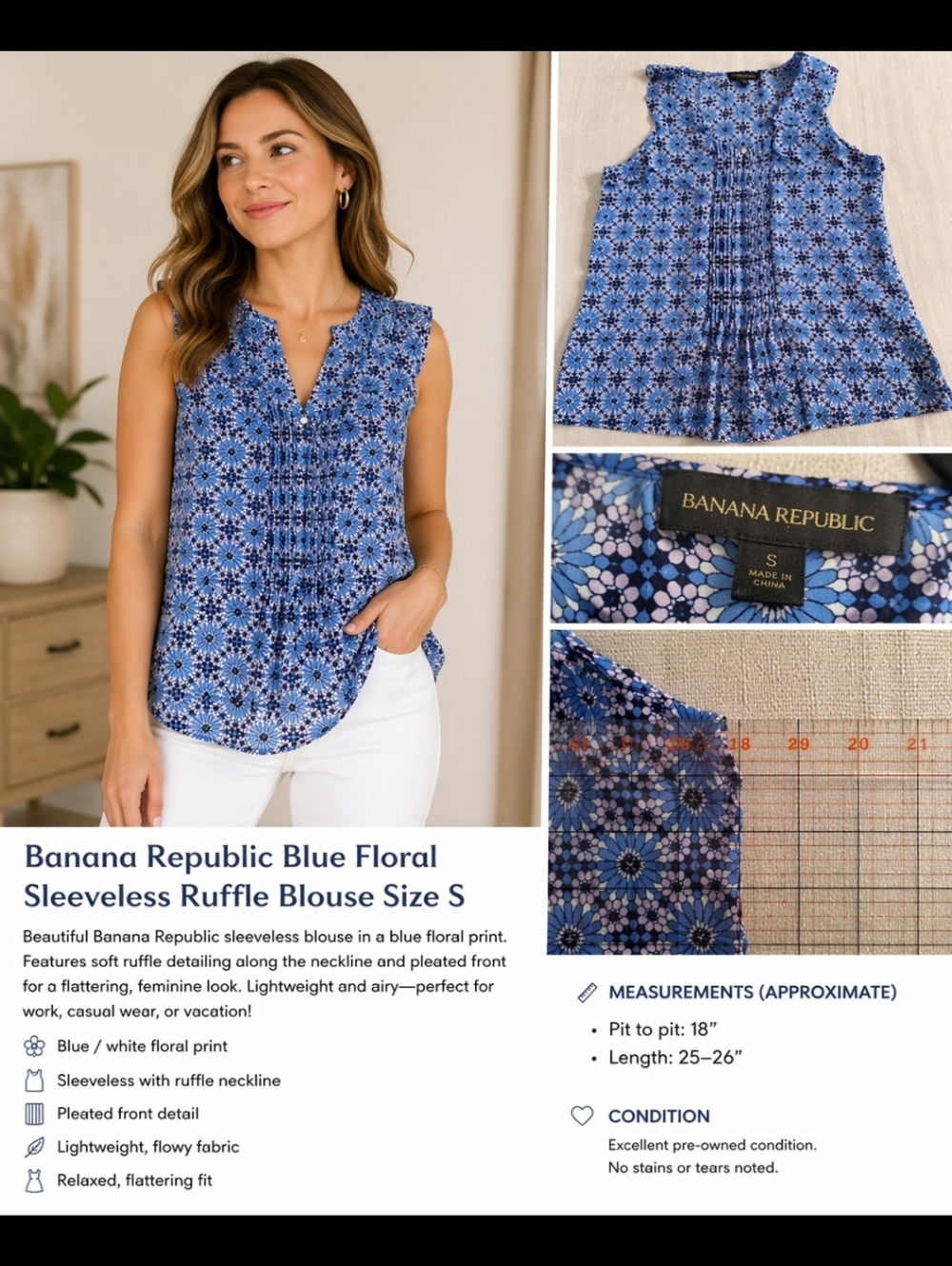 Banana Republic Floral Blue Print Blouse